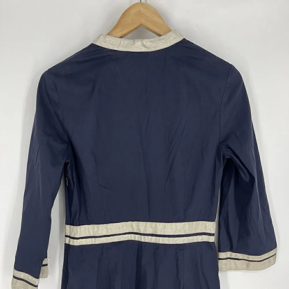 Tory Burch Dress Size 2 Navy Tunic Cotton Sheath Cruise 3/4 Sleeve Stretch